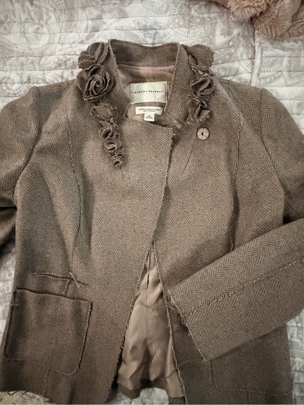 Banana Republic Taupe Herringbone Tweed Blazer with Rosette Trim